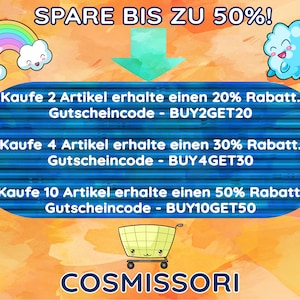 K&ouml;nnte beinhalten: Eine bunte Grafik mit einem Regenbogen und Wolken, einem Einkaufswagen und dem Text "SPARE BIS ZU 50%". Der Text enth&auml;lt auch Rabattcodes f&uuml;r den Kauf von 2, 4 oder 10 Artikeln. Der Text lautet "Kaufe 2 Artikel erhalte einen 20% Rabatt. Gutscheincode - BUY2GET20", "Kaufe 4 Artikel erhalte einen 30% Rabatt. Gutscheincode - BUY4GET30" und "Kaufe 10 Artikel erhalte einen 50% Rabatt. Gutscheincode - BUY10GET50". Die Grafik enth&auml;lt auch den Text "COSMISSORI".