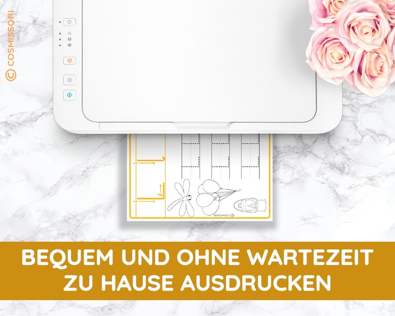 May include: A white printer with a sheet of paper coming out of it. The paper has a black and white illustration of a dragonfly, balloons, and a hot air balloon. The text on the paper says "BEQUEM UND OHNE WARTEZEIT ZU HAUSE AUSDRUCKEN".