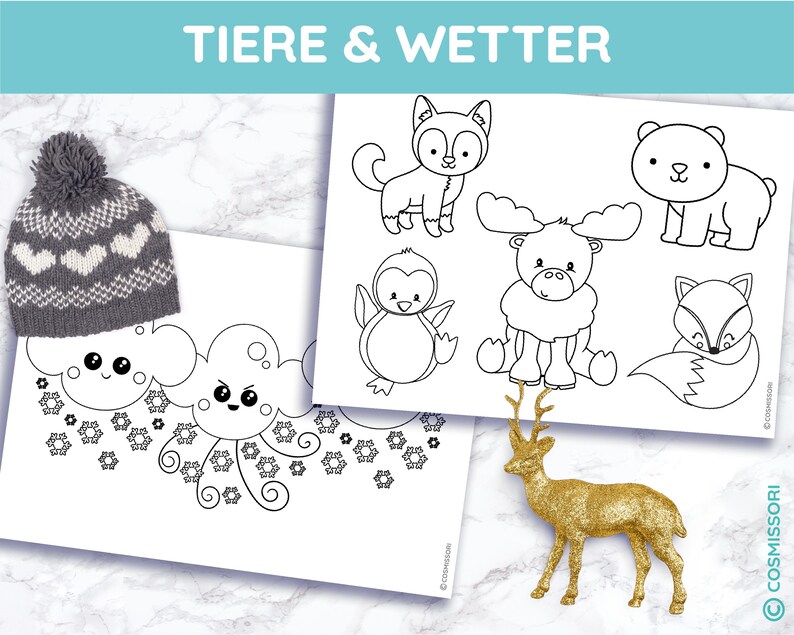 May include: A gray knit hat with white heart patterns and a pom-pom sits next to two coloring pages. The pages feature line drawings of animals and weather-related illustrations. A gold-colored deer figurine is also present. The text "TIERE & WETTER" is at the top.