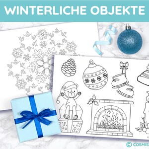 May include: A light blue gift box with a dark blue ribbon, a blue ornament, and two black and white coloring pages with winter-themed illustrations. The text "WINTERLICHE OBJEKTE" is at the top.