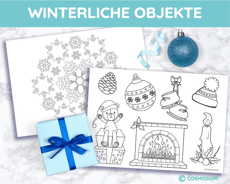 May include: A light blue gift box with a dark blue ribbon, a blue ornament, and two black and white coloring pages with winter-themed illustrations. The text "WINTERLICHE OBJEKTE" is at the top.