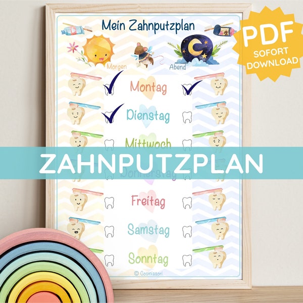 ZAHNPUTZPLAN Checkliste Zähne putzen Wochenplan Montessori wöchentliche Zahnputzroutine PDF Kleinkind Routine deutsch Download Ausdrucken