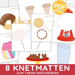 Puede incluir: Un conjunto de tarjetas ilustradas con dulces y golosinas. Incluye un donut, un cono de helado, una piruleta, una magdalena, una galleta, una máquina de chicles, una tarta y un tarro. El texto "8 Knetmatten zum Thema Naschereien" se muestra en la parte inferior.