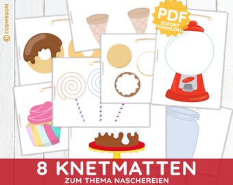 Könnte beinhalten: Eine Sammlung von illustrierten Karten mit Süßigkeiten und Leckereien. Enthält einen Donut, eine Eistüte, einen Lutscher, einen Cupcake, einen Keks, einen Kaugummiautomaten, einen Kuchen und ein Glas. Der Text "8 Knetmatten zum Thema Naschereien" ist unten abgebildet.