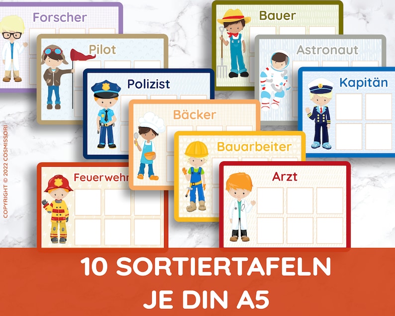 Occupations & Characteristics Picture Cards Montessori Sorting Game Toddler Learning Game PDF DIY Toys Kindergarten Kita Tiling Game Worksheet German image 3