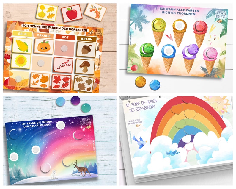 May include: Four colorful educational game boards with matching color circles. The boards feature images of autumn leaves, ice cream cones, a rainbow, and a polar aurora. The text on the boards reads "Ich kenne die Farben des Herbstes!" (I know the colors of autumn!), "Ich kann alle Farben richtig zuordnen!" (I can match all the colors correctly!), "Ich kenne die Farben des Regenbogens!" (I know the colors of the rainbow!), and "Ich kenne die Farben der Polarlichter!" (I know the colors of the aurora borealis!).