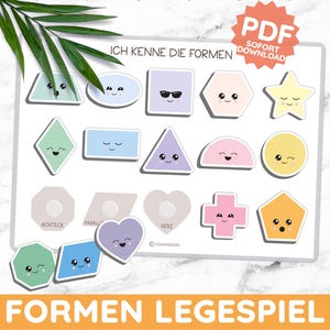 Könnte beinhalten: Ein weißes Lernspielbrett mit verschiedenen bunten, lächelnden geometrischen Formen. Das Brett enthält den Text "ICH KENNE DIE FORMEN" und "FORMEN LEGESPIEL". Ein PDF-Download-Symbol befindet sich oben rechts.