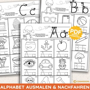 Alphabet 26x9 Illustrations & Tracing PDF Print Template Coloring Book Kita School Child Coloring