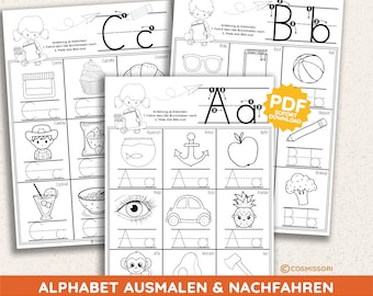 Alphabet 26x9 Illustrationen & Tracing PDF Druckvorlage Malheft Kita Schule Kind Ausmalen