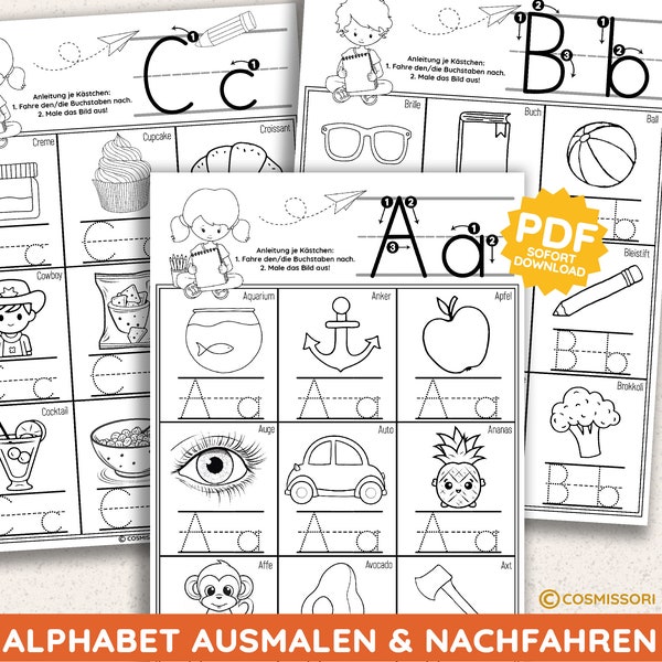 Alphabet 26x9 Illustrationen & Tracing PDF Druckvorlage Malheft Kita Schule Kind Ausmalen