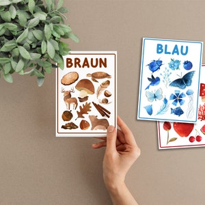 May include: Three color flashcards with German words for blue, brown, and red. Each card features watercolor illustrations of objects in the corresponding color.