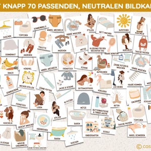 May include: A set of illustrated cards featuring various activities for children, such as brushing teeth, getting dressed, eating breakfast, and playing. The cards are colourful and feature simple illustrations. The text on the cards is in German.
