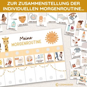 May include: A colourful printable chart for children to use to create their own morning routine. The chart features a giraffe, a lion, a sun, and a variety of activities like getting dressed, brushing teeth, and eating breakfast. The chart is designed to help children learn about routines and develop independence.