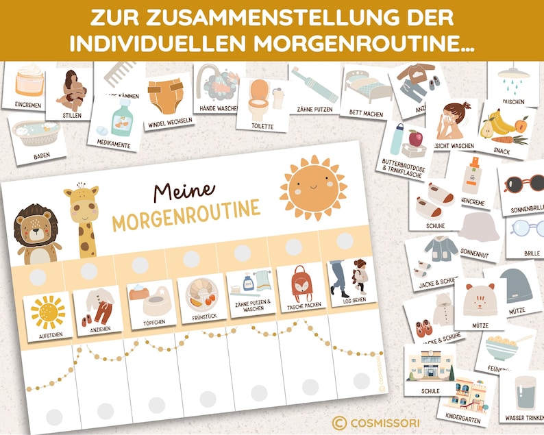 May include: A colourful printable chart for children to use to create their own morning routine. The chart features a giraffe, a lion, a sun, and a variety of activities like getting dressed, brushing teeth, and eating breakfast. The chart is designed to help children learn about routines and develop independence.