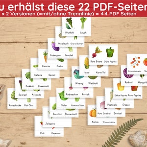 May include: A set of 22 printable PDF pages featuring watercolor illustrations of various vegetables and their German names. The illustrations are arranged in a grid on a wooden background.