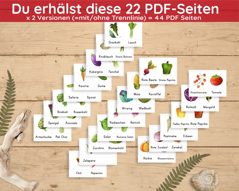 May include: A set of 22 printable PDF pages featuring watercolor illustrations of various vegetables and their German names. The illustrations are arranged in a grid on a wooden background.