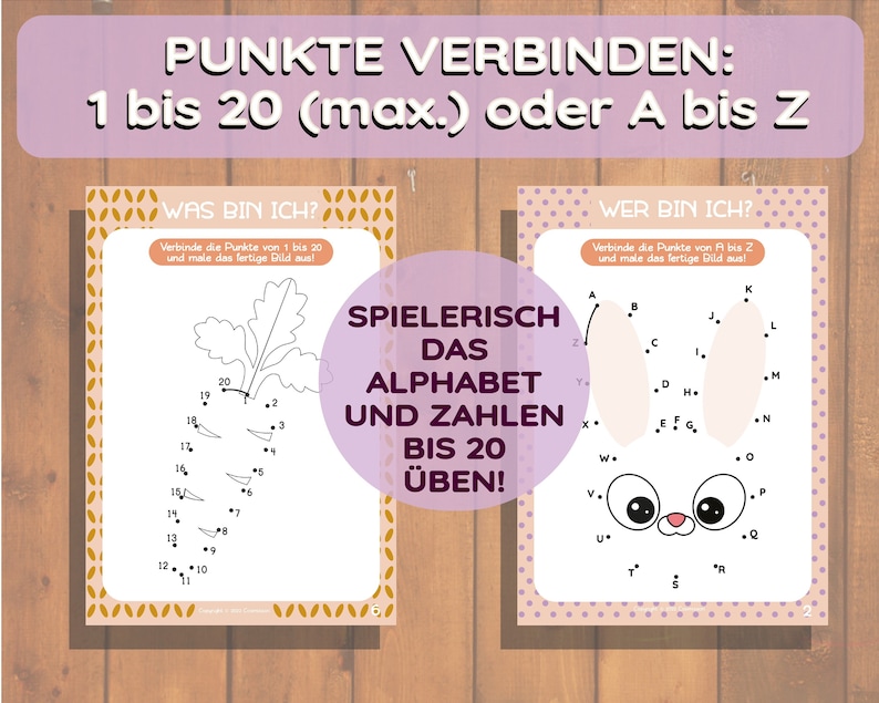 May include: Two printable worksheets for kids to practice connecting the dots. One worksheet features a carrot and the numbers 1 to 20. The other worksheet features a bunny rabbit and the letters A to Z. The text "SPIELERISCH DAS ALPHABET UND ZAHLEN BIS 20 &Uuml;BEN!" is in a pink box.