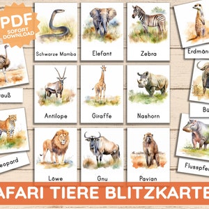 Cartões de aprendizagem Montessori com animais realistas em PDF, safári na savana, África, flash cards, livro ilustrado para crianças de três partes, cartões de nomenclatura, faça você mesmo em alemão