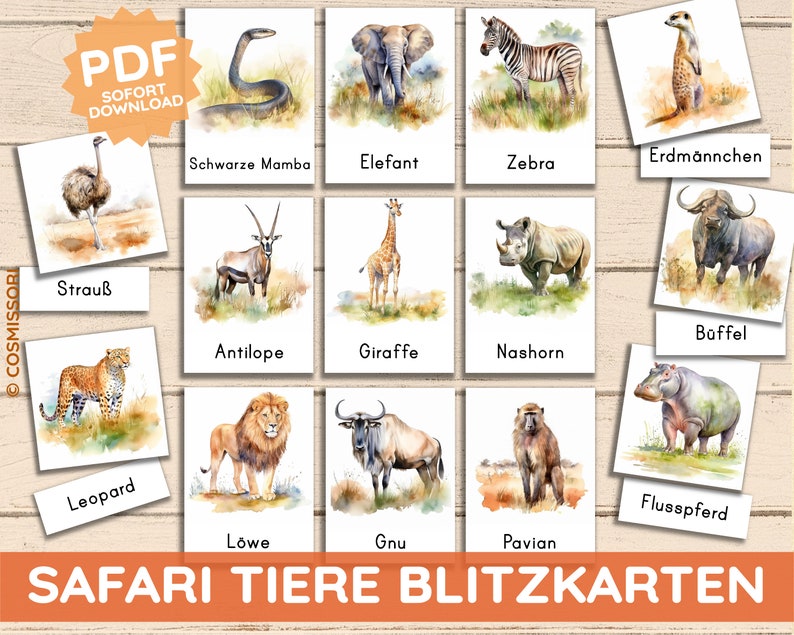 May include: A collection of watercolor flashcards featuring safari animals. Each card displays a different animal, including a zebra, giraffe, and lion, with the animal's name in German. The cards are arranged on a light wood-grain background.