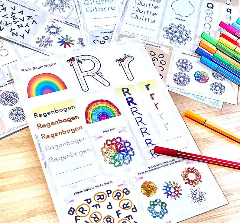 May include: A printable worksheet for learning the letter R. The worksheet features a rainbow, the letter R in different fonts, and a rainbow mandala. The text on the worksheet includes "R wie Regenbogen", "Regenbogen", "Male aus!" and "Kreise jedes R ein! Es sind 9!"