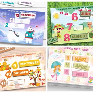 May include: Four colorful educational cards with illustrations and text in German. Each card features a different season: winter, spring, summer, and fall. The cards are designed to help children learn the months of the year.