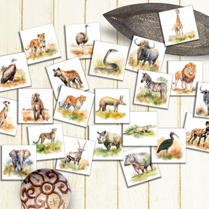 May include: A collection of square watercolor illustrations of African animals, including lions, giraffes, zebras, and elephants. The artwork is arranged on a light wooden surface, with a decorative metal leaf-shaped dish.