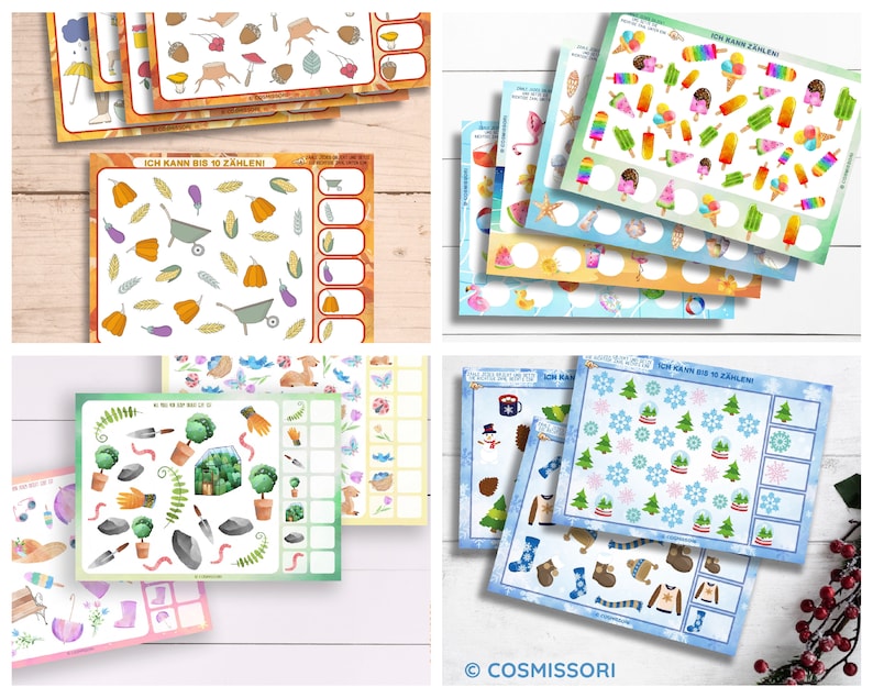 May include: A set of ten printable counting activity sheets for kids. Each sheet features a colorful illustration with a variety of objects to count. The sheets are titled "Ich Kann Z&auml;hlen" which translates to "I can count" in English.