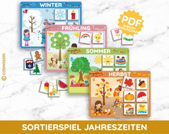 SEASONS Blackboards Picture Cards Montessori Sorting Game Toddler Learning Game Year Cards PDF DIY Toys Kindergarten Kita Tiling Game German