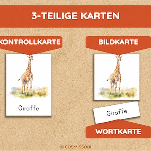 May include: Educational flashcards featuring a giraffe. The set includes a control card, a picture card, and a word card. The cards are white with a watercolor illustration of a giraffe and the word "Giraffe". The background is a light brown.