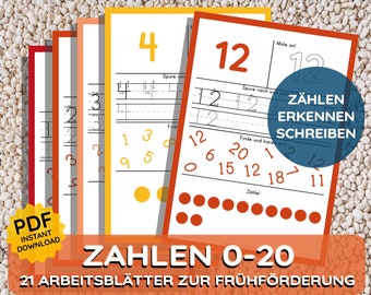 May include: A set of 21 printable worksheets for early childhood education. The worksheets feature numbers 0-20 and activities like tracing, counting, and number recognition. The worksheets are designed to help children learn to count, recognize numbers, and write numbers.
