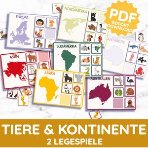 Tarjetas con imágenes de continentes y animales, juego de clasificación Montessori, juego de aprendizaje para niños pequeños en PDF, juguete para hacer uno mismo, juego de rompecabezas para guardería, hoja de trabajo en alemán