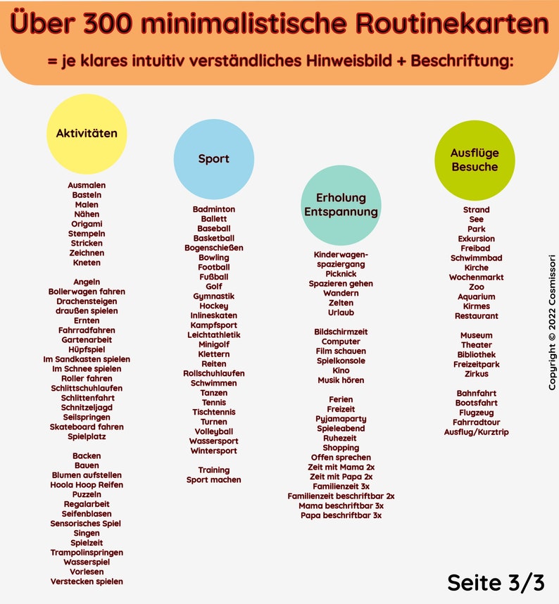 May include: A colorful chart with the title "&Uuml;ber 300 minimalistische Routinekarten" and the text "= je klares intuitiv verst&auml;ndliches Hinweisbild + Beschriftung:". The chart is divided into three sections: "Aktivit&auml;ten", "Sport", and "Ausfl&uuml;ge Besuche". Each section lists various activities, sports, and outings.