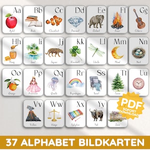Tarjetas con imágenes del alfabeto tarjetas flash de acuarela estéticas para niños conjunto de tarjetas PDF imprimibles ABC letras de jardín de infantes aprendiendo Montessori DIY
