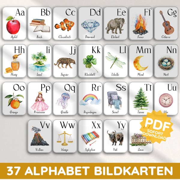 Alphabet picture cards watercolor flashcards aesthetic child-friendly PDF card set printable ABC kindergarten learning letters Montessori DIY