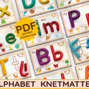 Alfombrillas de amasar Montessori con alfabeto, plantillas de amasado, arcilla para niños, juguete sensorial, letras de masa para hacer uno mismo, PDF, imprimibles, para guardería infantil
