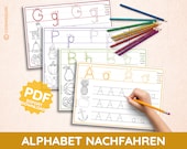 Alphabet Arbeitsblätter Ausmalen und Schreiben lernen PDF Druckvorlage Buchstaben Nachspuren Nachfahren ausdruckbar Bilder Ausmalen Kind ABC
