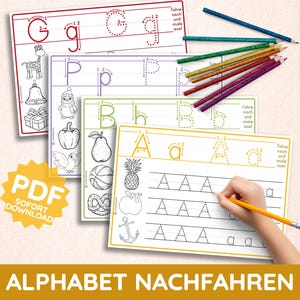 Hojas de trabajo del alfabeto para colorear y aprender a escribir PDF imprimible, trazado de letras, imágenes imprimibles para colorear para niños ABC