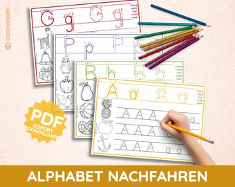 Alphabet worksheets for coloring and learning to write (PDF printable template), letter tracing, coloring pictures for children (ABC).