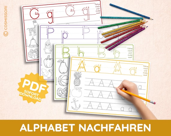 Alphabet Arbeitsblätter Ausmalen und Schreiben lernen PDF Druckvorlage Buchstaben Nachspuren Nachfahren ausdruckbar Bilder Ausmalen Kind ABC