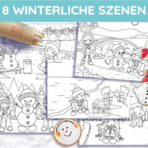 May include: A set of eight winter-themed coloring pages with illustrations of snowmen and children in winter scenes. The text "8 WINTERLICHE SZENEN" is at the top. A set of colored pencils is visible in the upper left corner. Includes snowman cookies.