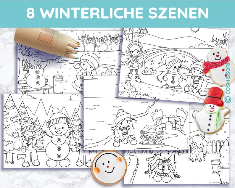May include: A set of eight winter-themed coloring pages with illustrations of snowmen and children in winter scenes. The text "8 WINTERLICHE SZENEN" is at the top. A set of colored pencils is visible in the upper left corner. Includes snowman cookies.