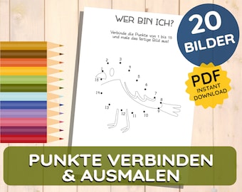 May include: A black and white printable worksheet with the text "Wer bin ich?" and "Punkte verbinden & ausmalen". The worksheet features a connect-the-dots activity with numbered dots forming the outline of a bird. The text "20 Bilder" and "PDF Instant Download" is also included.