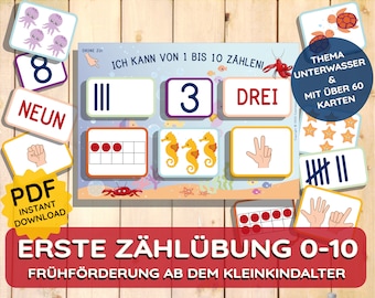 Montessori Zählübung Kleinkind Aktivität Zählen Lernen Karten PDF Download Ausdrucken Kind Unterwasser Ozean Meer Aquarium Sortieren Spiel