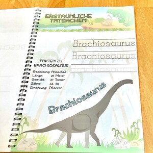 May include: A page from a children's book about dinosaurs. The page features a drawing of a Brachiosaurus, a long-necked dinosaur, with the word "Brachiosaurus" written in cursive at the top of the page. The page also includes facts about the Brachiosaurus, such as its length, weight, and diet.