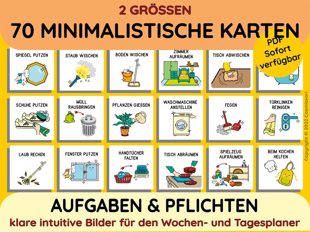 Selbstständigkeit Aufgaben Ordnung Montessori Routinekarten PDF Ausdrucken minimalistisch Kleinkind Wochenkalender Tagesplaner DIY Kind Kita