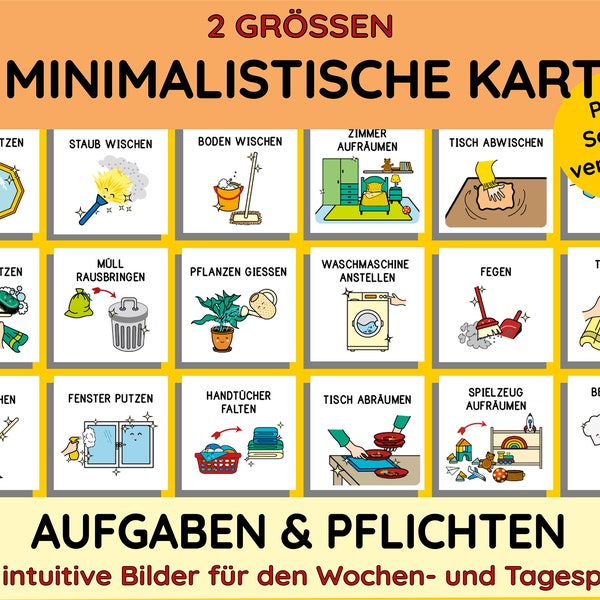 Selbstständigkeit Aufgaben Ordnung Montessori Routinekarten PDF Ausdrucken minimalistisch Kleinkind Wochenkalender Tagesplaner DIY Kind Kita