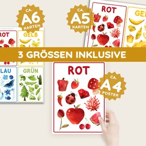 May include: A set of printable educational posters for children featuring different colors. The posters are available in three sizes: A6, A5, and A4. The posters feature illustrations of various objects in each color, such as a red apple, a green leaf, and a blue butterfly.