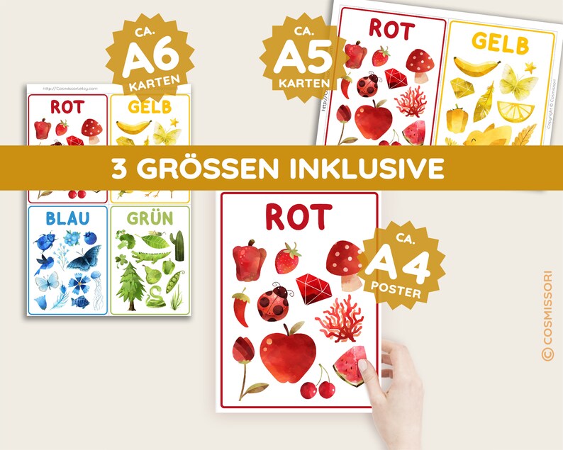 May include: A set of printable educational posters for children featuring different colors. The posters are available in three sizes: A6, A5, and A4. The posters feature illustrations of various objects in each color, such as a red apple, a green leaf, and a blue butterfly.