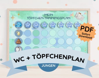 Töpfchentraining Toilettentraining Belohnungstafel Junge Montessori Kleinkind PDF Download printable Kinderzimmer Deko Aquarell Stil Deutsch