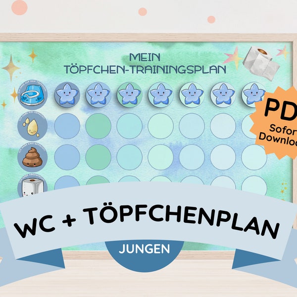 Töpfchentraining Toilettentraining Belohnungstafel Junge Montessori Kleinkind PDF Download printable Kinderzimmer Deko Aquarell Stil Deutsch